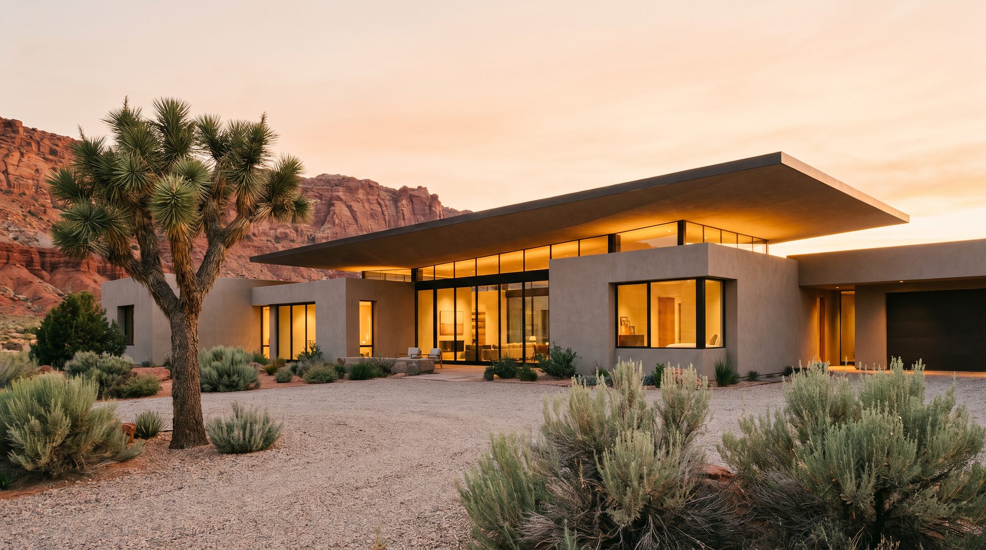 Contemporary desert home at golden hour in Southern Utah