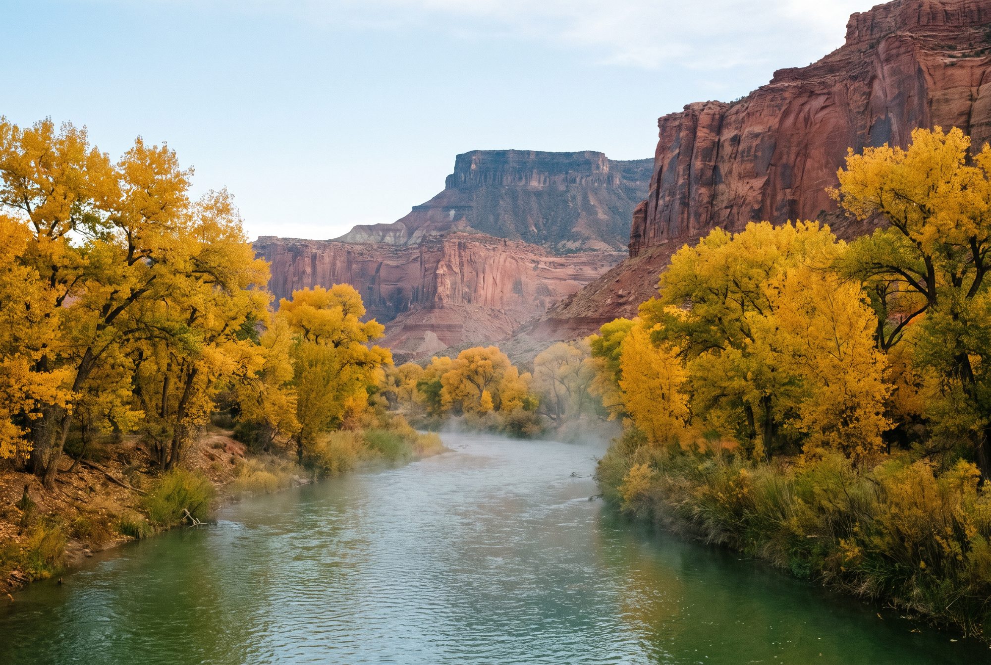 Golden cottonwoods along a river below red cliffs