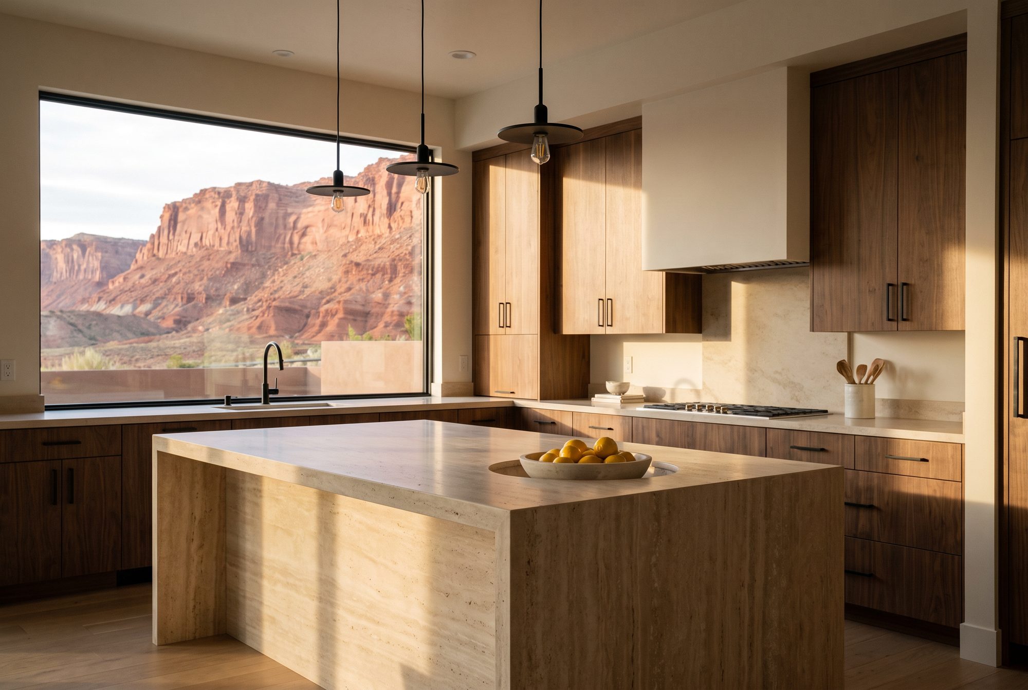 Luxury kitchen with a window onto red rock cliffs