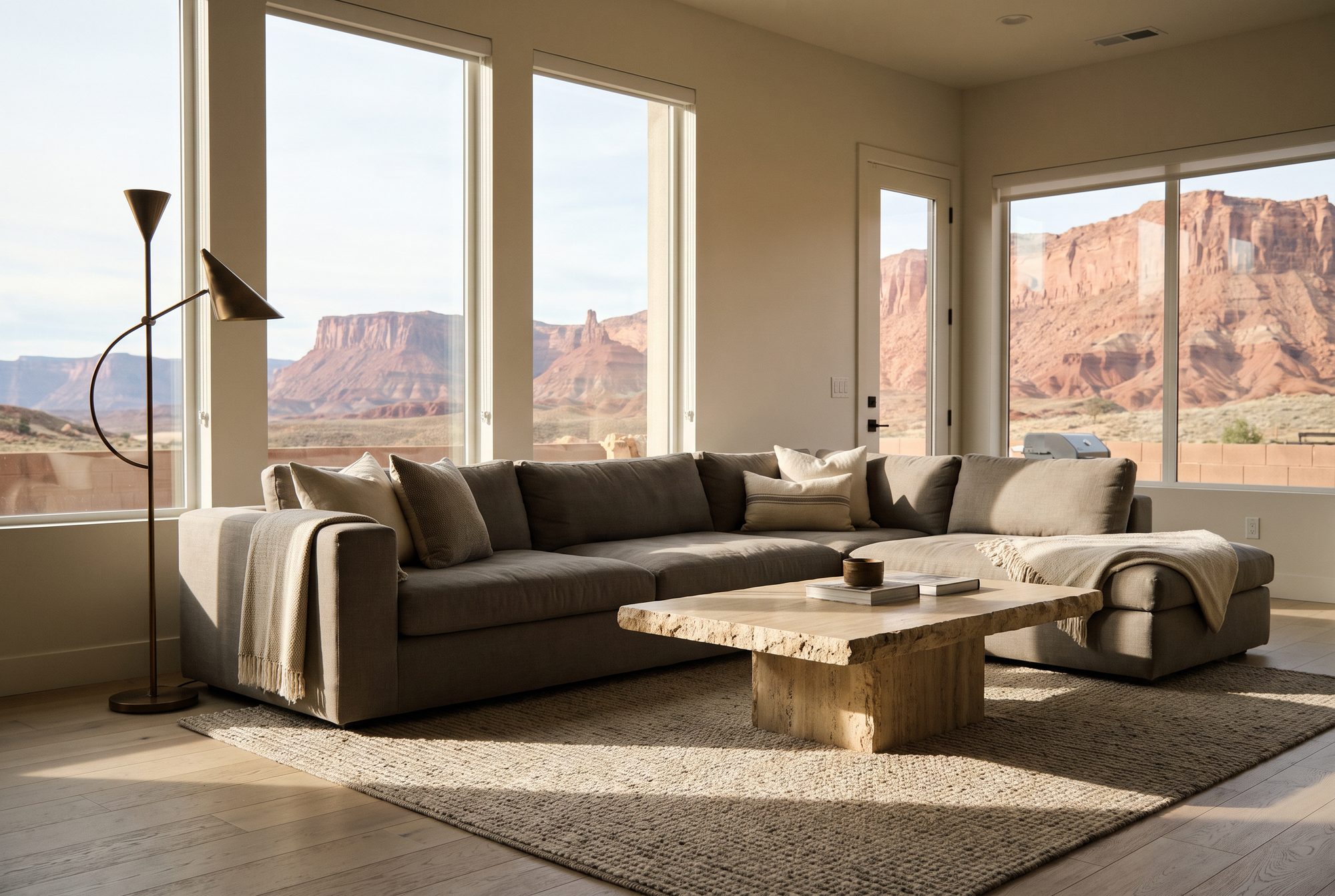 Staged living room with red rock views